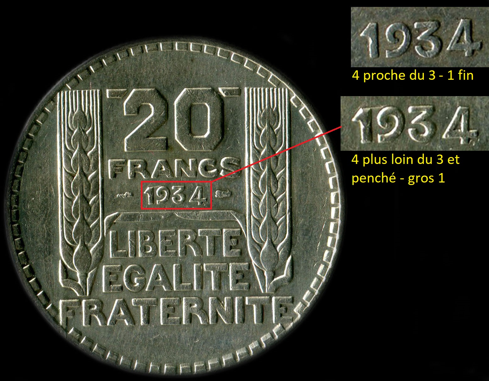 Variante avec 4 s�par� du 3 de la pi�ce de 20 francs Turin 1934