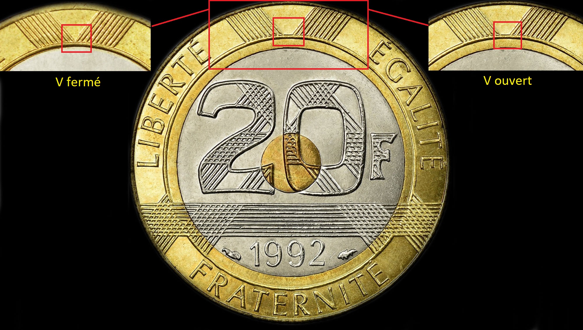 Variante avec V ouvert de la pice de 20 francs Mont-Saint-Michel 1992