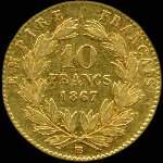 Pièce de 10 francs or Napoléon III Empereur tête laurée 1867BB - Empire français - revers