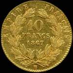Pi�ce de 10 francs or Napol�on III Empereur t�te laur�e 1867BB - Empire fran�ais - revers