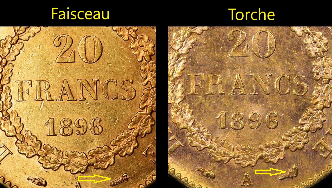 Variante faisceau ou torche sur 20 francs or 1897 A type G�nie 
