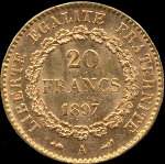 Pièce de 20 francs or Génie 1897 - République française - revers