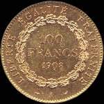 Pièce de 100 francs or Génie 1908A - République française - revers