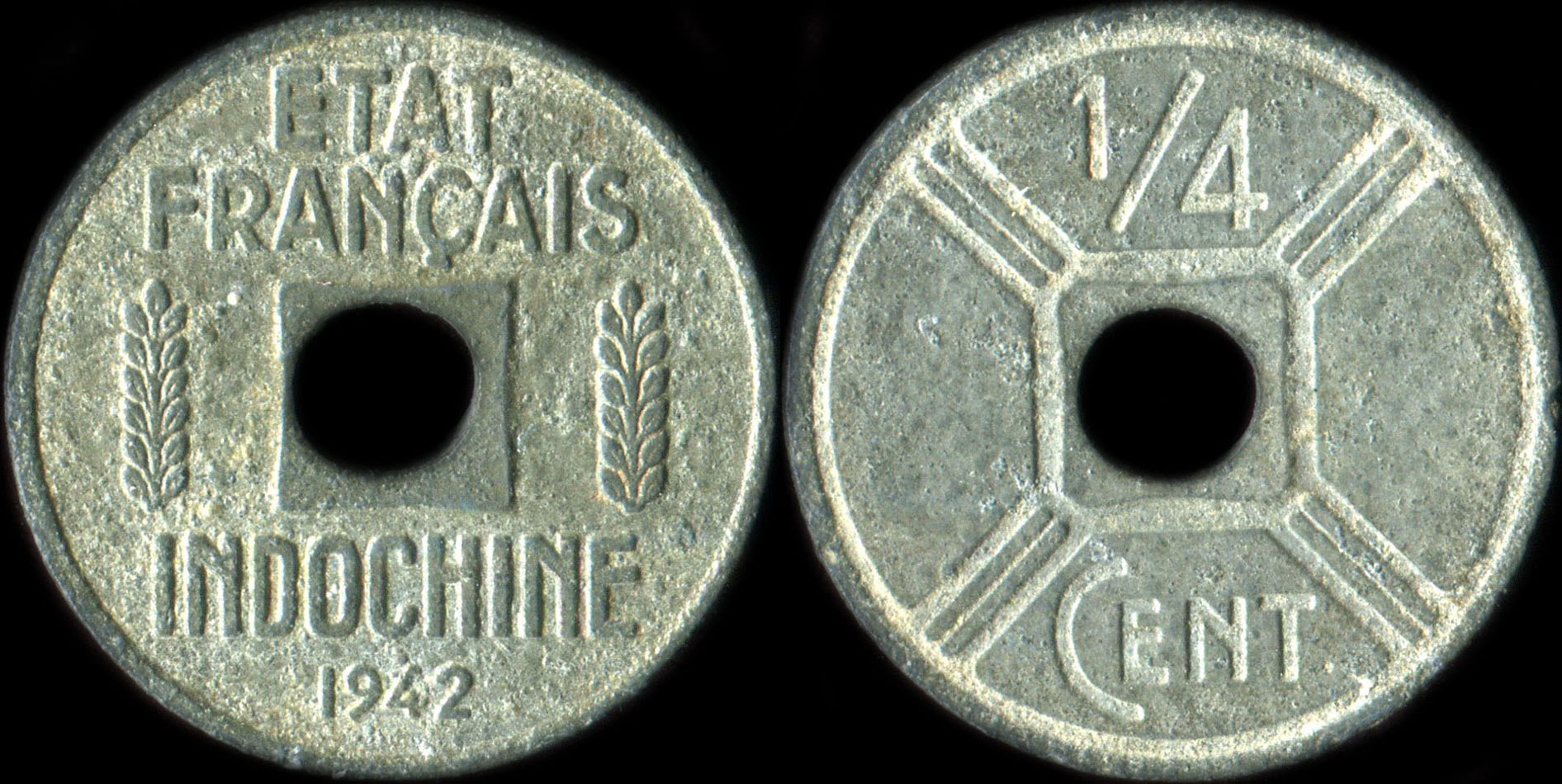 Pi�ce de &frac14; cent Indochine 1942