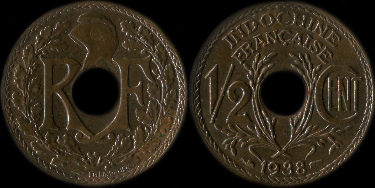 Pièce de 1/2 centième Indochine 1938