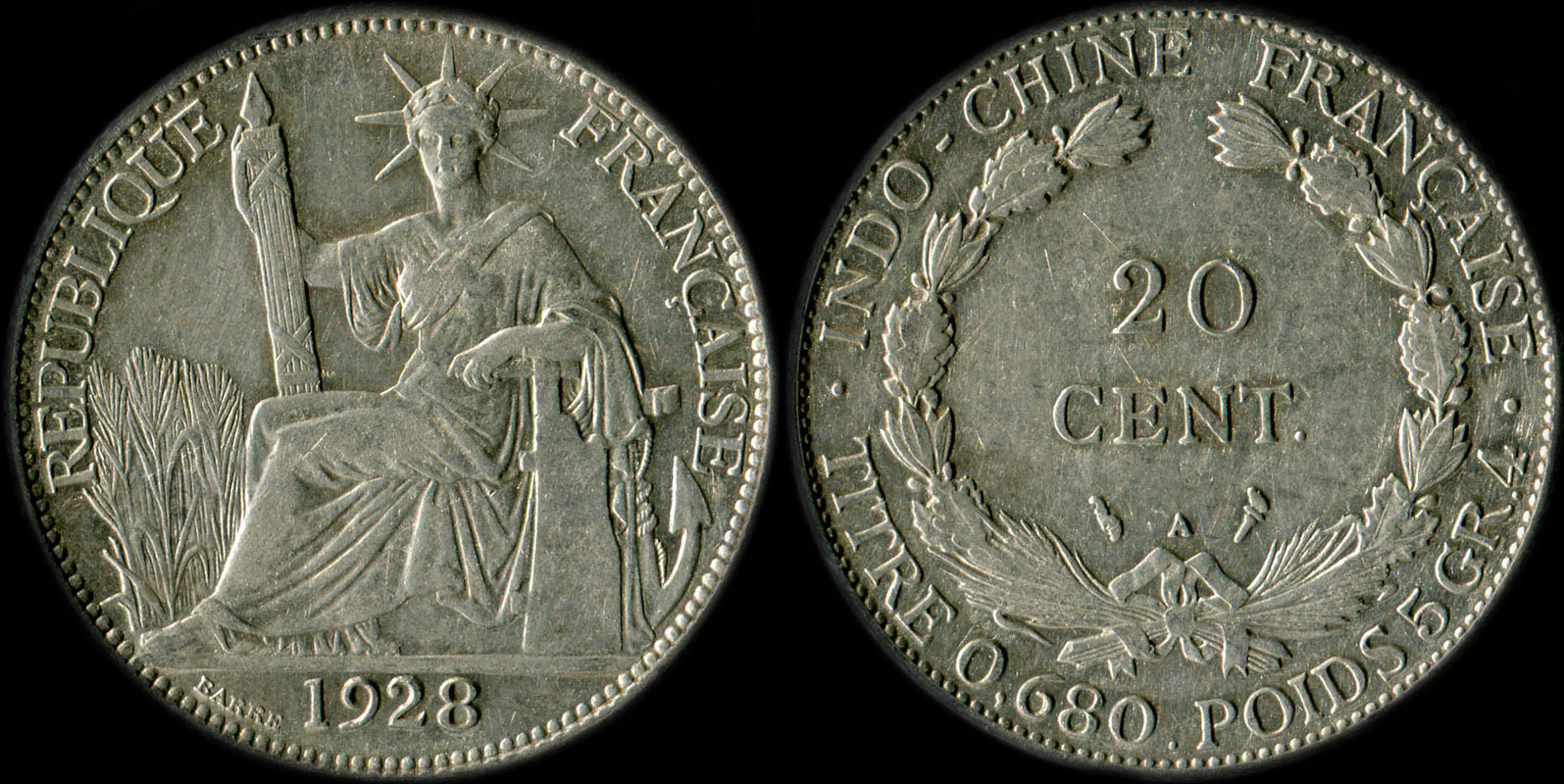 Pièce de 20 centièmes Indochine 1928