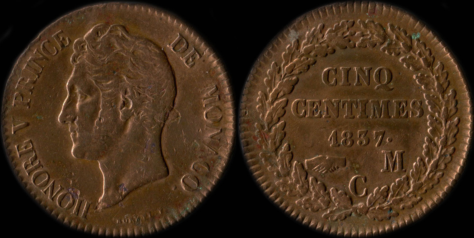 Pièce de 5 centimes 1837 Honoré V Prince de Monaco en cuivre rouge