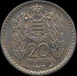 20 francs frapp�e en 1945 et 1947 sous Louis II Prince de Monaco - revers