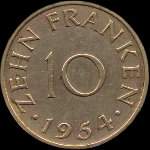 10 franken Saarland 1954 - Sarre - revers