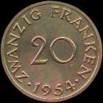 20 franken Saarland 1954 - Sarre - revers