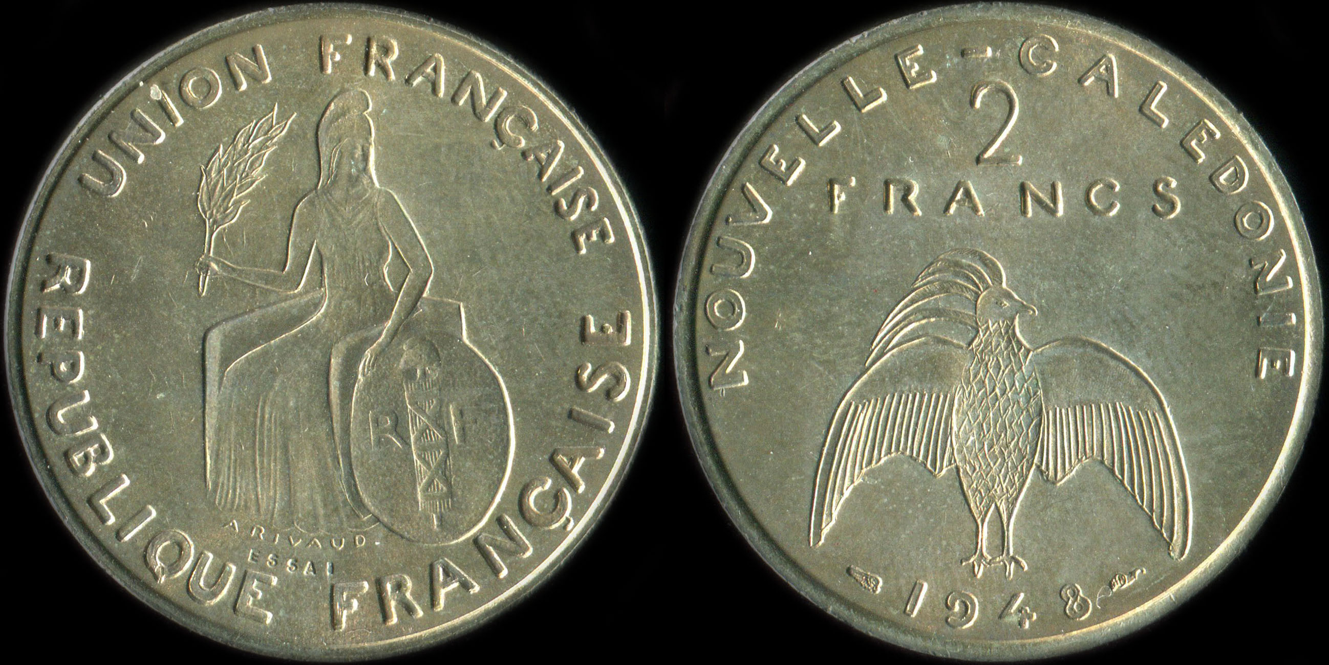 Pi�ce de 2 francs 1948 - Essai de Andr� Rivaud (avec listel)