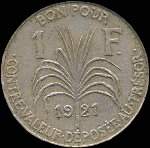Pièce de 1 franc Guadeloupe et dépendances 1921 - revers