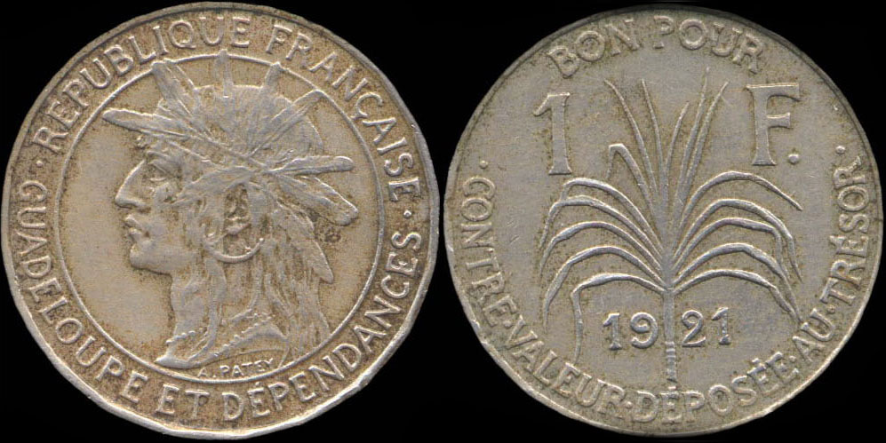 Pièce de 1 franc 1921 Guadeloupe et dépendances