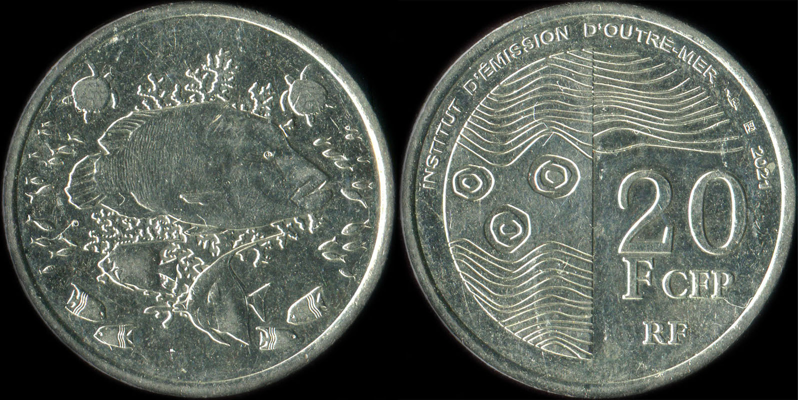 Pi�ce de 20 francs CFP 2021 I.E.O.M. pour pour la Nouvelle-Cal�donie, la Polyn�sie et Wallis et Futuna