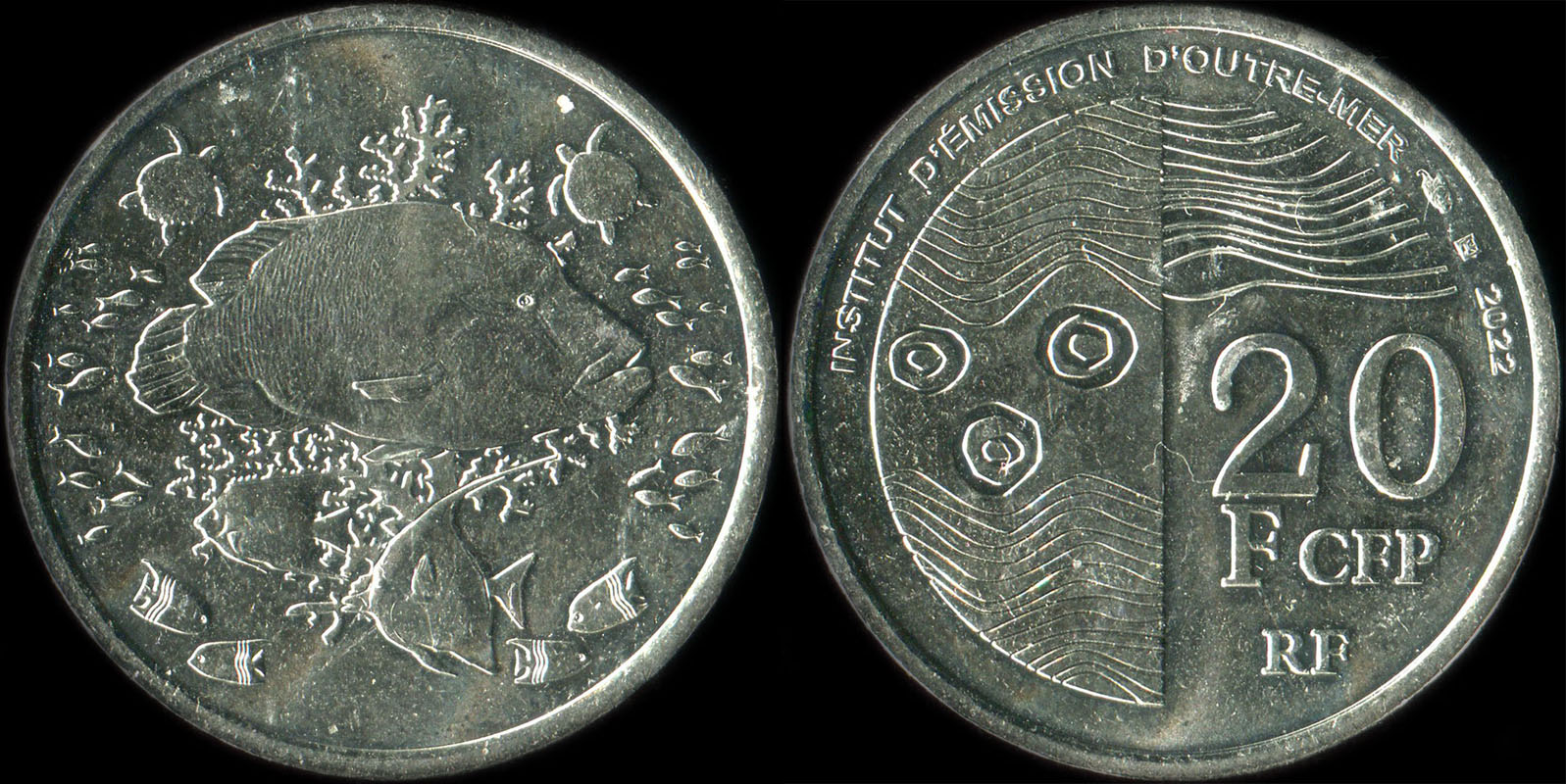 Pi�ce de 20 francs CFP 2022 I.E.O.M. pour pour la Nouvelle-Cal�donie, la Polyn�sie et Wallis et Futuna