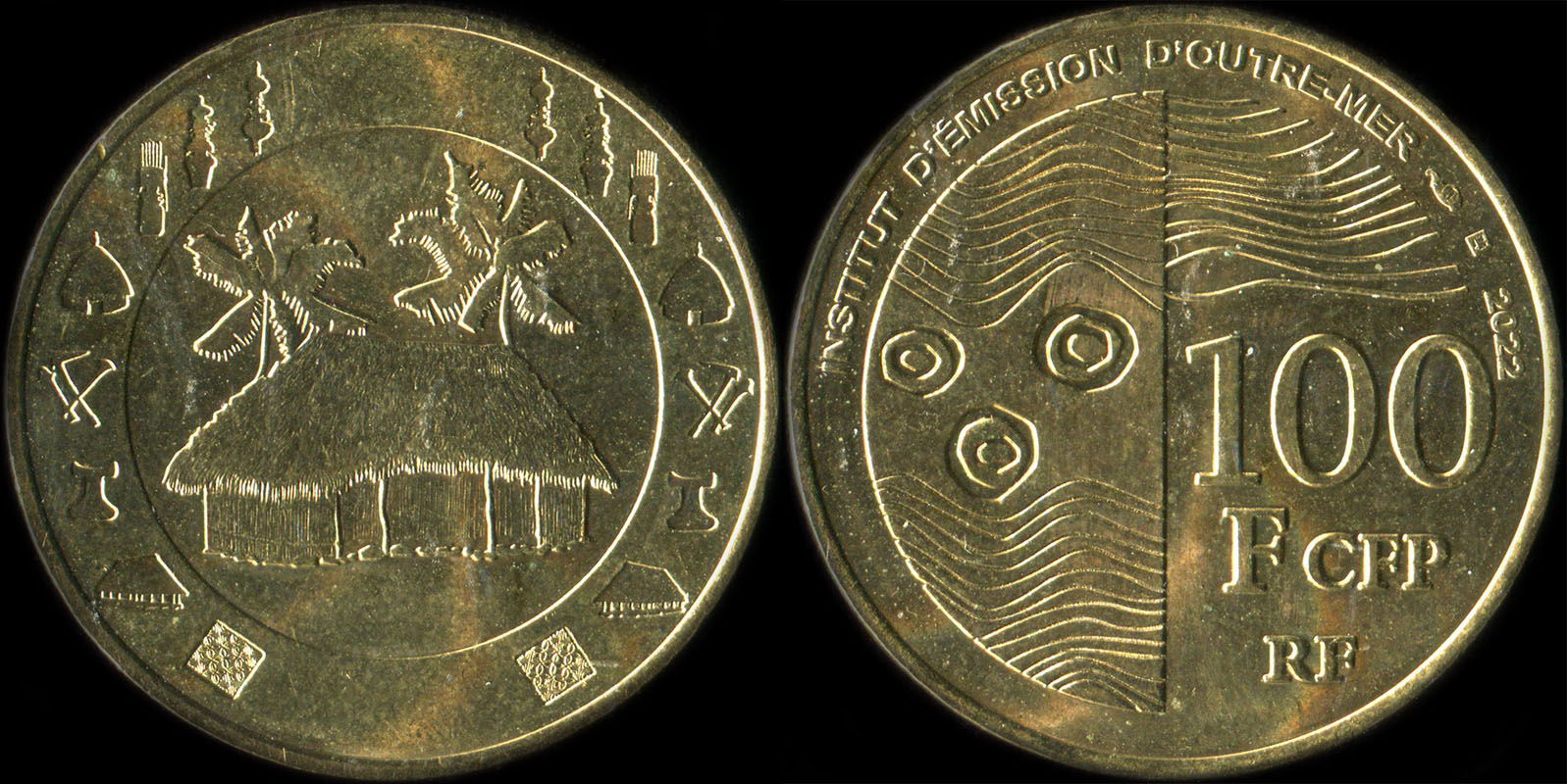 Pi�ce de 100 francs CFP 2022 I.E.O.M. pour pour la Nouvelle-Cal�donie, la Polyn�sie et Wallis et Futuna