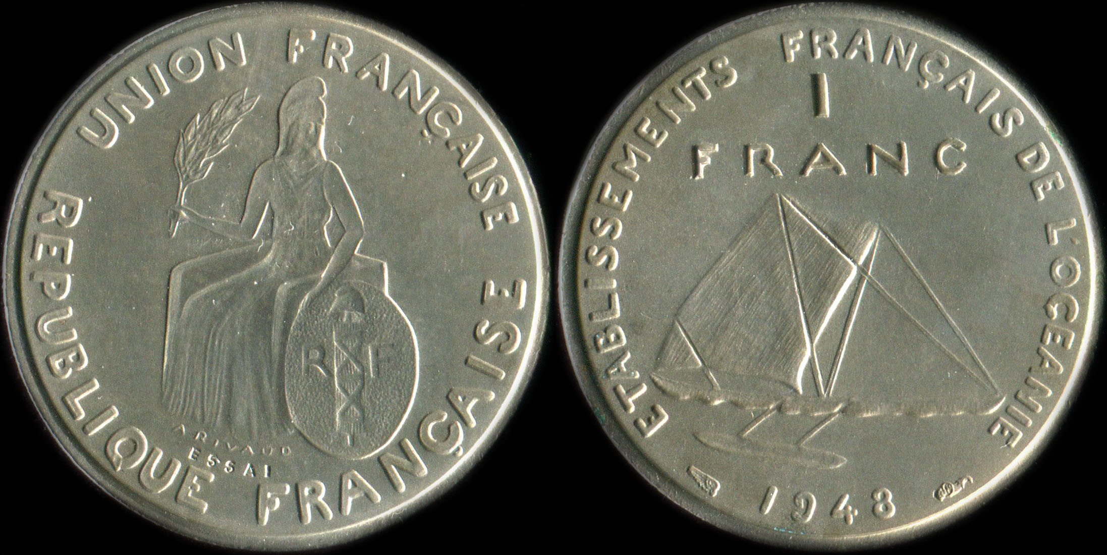 Pi�ce de 1 franc 1948 - Essai de Andr� Rivaud pour l'Oc�anie (Polyn�sie)