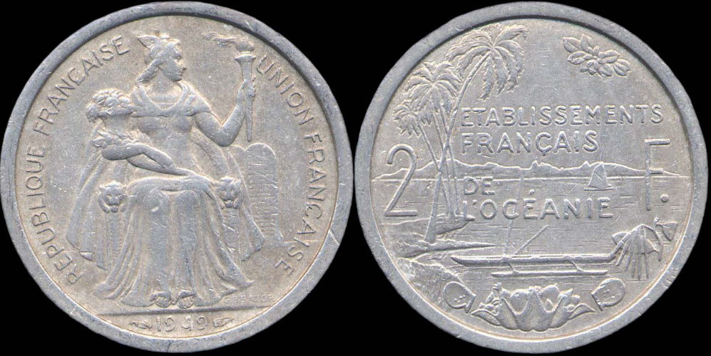 Pièce 2 francs 1949 des Etablissements français de l'Océanie - Union française