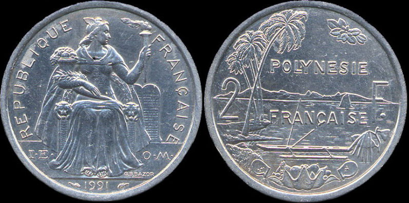 Pièce 2 francs 1991  - I.E.O.M. Polynésie française
