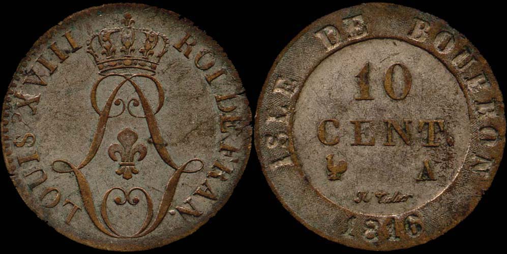 Pièce de 10 centimes 1816 Isle de Bourbon (La Réunion)