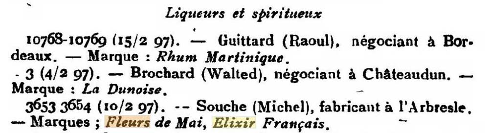 Revue des vins et liqueurs et des produits alimentaires pour l'exportation mentionnant les marques Fleurs de Mai et Elixir Fran�ais exploit�es par Michel Souche, fabricant � l'Arbresle