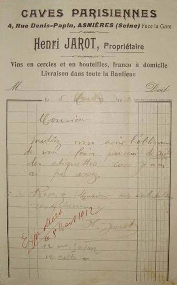 Caves Parisennes - 4, Rue Denis-Papin - Asni�res (Seine) Face � la Gare - Henri Jarot, Propri�taire