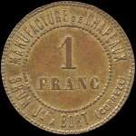 Jeton de n�cessit� de 1 franc �mis par la Manufacture de Chapeaux Brun Jeune � Bort-les-Orgues (19110 - Corr�ze) - avers