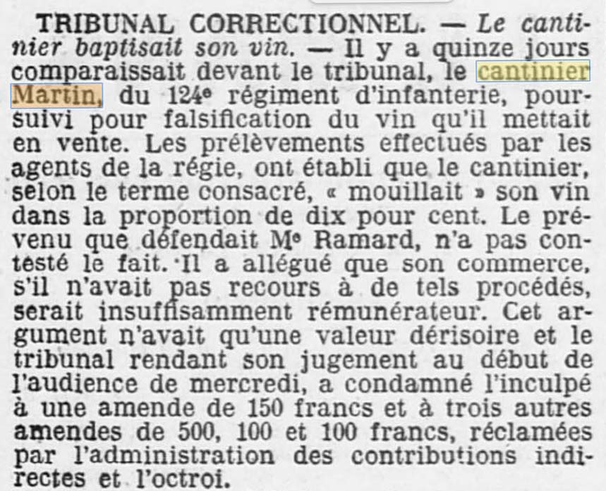 Une Cantine Martin au 124e R�giment d'Infanterie, mentionn�e dans L'Ouest Eclair du 23 octobre 1913