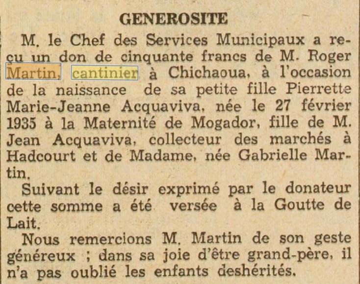 Une Cantine Martin � Chichaoua (Maroc), mentionn�e dans Le Petit Marocain du 14 mars 1937