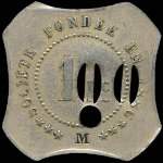 Jeton de 100 francs avec perforations, trou et contremarque M sur un 1 de la Société de Consommation de l'Est à Chalons-en-Champagne ex Châlons-sur-Marne (51000 - Marne) - avers