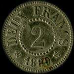 Jeton de 2 francs 1889 de la Soci�t� M�tallurgique de Champigneulles et Neuves-Maisons - Economat - � Champigneulles (54250 - Meurthe-et-Moselle) - revers