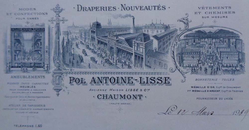 En-t�te de facture Pol Antoine-Lisse � Chaumont.
