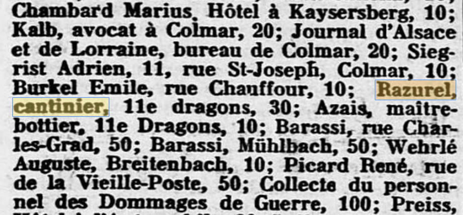 Le Cantinier Razurel est mentionn� dans le Colmarer Neueste Nachrichten du 6 novembre 1926