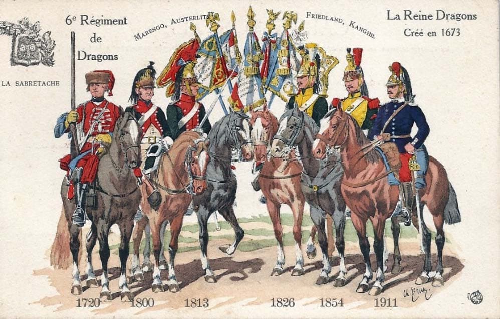 6e R�giment de Dragons s'illustra notamment � Marengo, Austerlitz, Friedland et Kanghil - Il fut cr�� � partir de La Reine Dragons, lui-m�me cr�� en 1673.