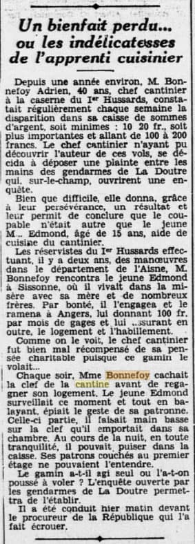 L'Ouest-Eclair du 28 mars 1934 relate les m�saventures de la Cantine Bonnefoy avec le jeune M. Edmond, 15 ans, aide-cuisine ind�licat