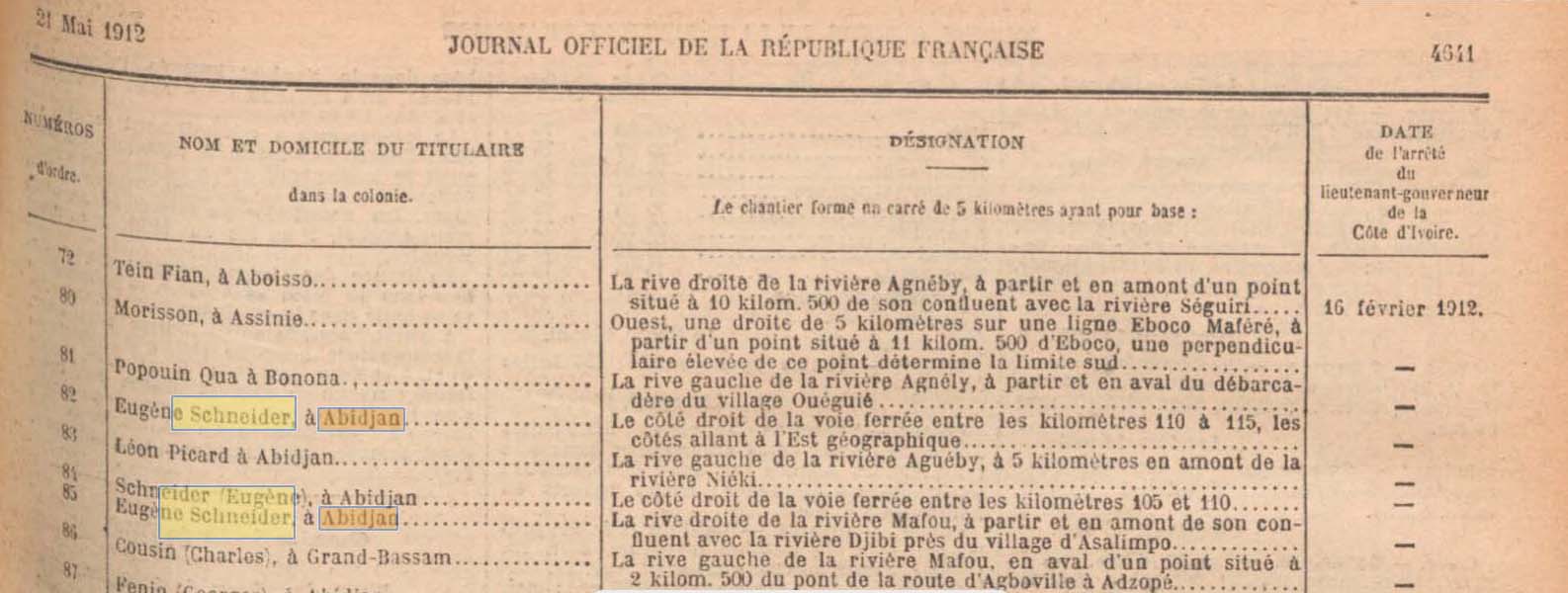 Eug�ne Schneider � Abidjan dans le Journal Officiel de la R�publique fran�aise du 21 mai 1912