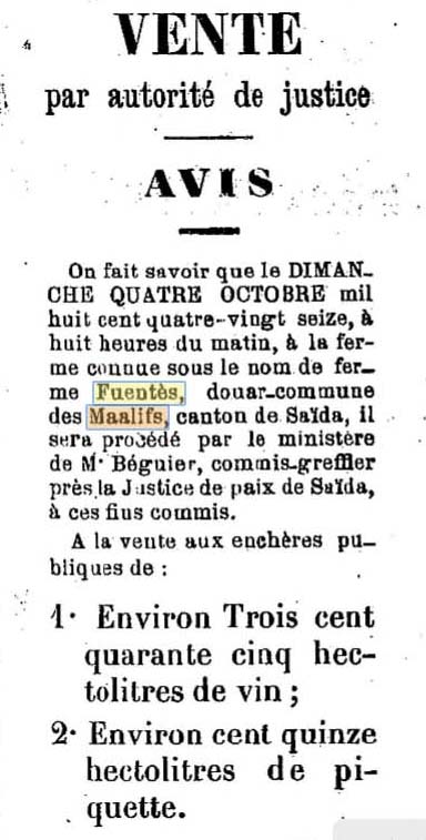Une vente par autorit� de justice de vins appartenant � la Ferme Fuent�s est publi�e dans l'Ind�pendant de Mascara du 1er octobre 1896