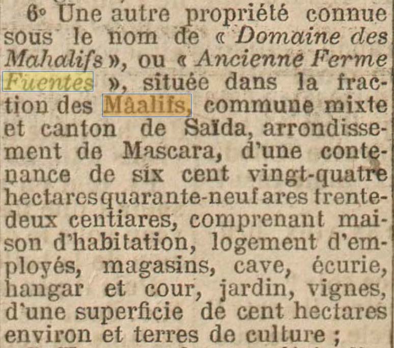 L'apport de la Ferme Fuent�s � la constitution de la Soci�t� Agricole Alg�rienne est publi� dans la D�p�che Alg�rienne du 26 f�vrier 1906