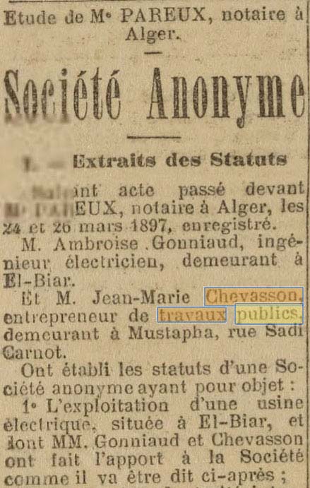 Entreprise Chevasson dans La Dépêche Algérienne du 16 mai 1897
