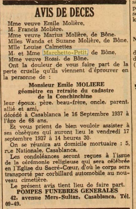 nous trouvons M. et Mme Marchetto-Petit r�sidant � B�ne dans un avis de d�c�s paru dans le Petit Marocain du 17 septembre 1937