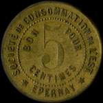 Jeton de 5 centimes de la Société de Consommation de l'Est à Epernay (51200 - Marne) - avers