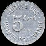 Jeton de 5 centimes de la Cantine des Usines de Navarre à Evreux (27000 - Eure) - avers
