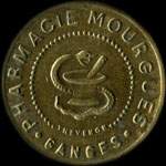 Jeton de 25 centimes (chiffres pleins de 10 mm, tiret sous C (aux 3/4 du 5) et grénetis de 20 mm) de la Pharmacie Mourgues à Ganges (34190 - Hérault) - avers