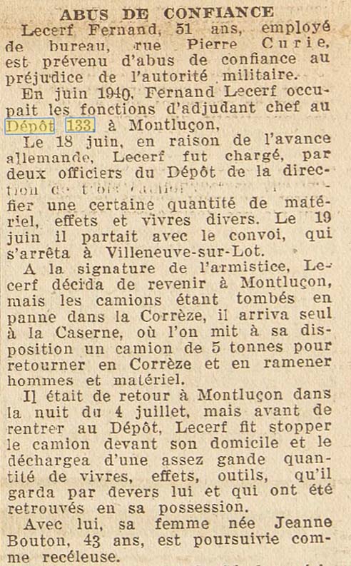 Le D�p�t 133 est mentionn� dans l'Echo de l'Allier du 8 f�vrier 1942