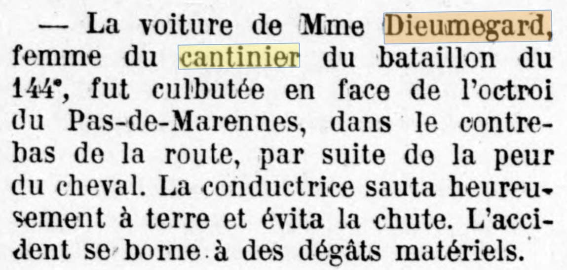 C'est dans La Croix de Saintonge et d'Aunis du 22 juin 1924 q'est relat� l'accident dont a �t� victime Madame Dieumegard, �pouse du cantinier du 144e