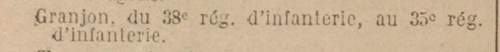 Le Journal Officiel de la R�publique fran�aise du 22 mars 1939 annonce la mutation du cantinier Granjon du 38e R�giment d'Infanterie au 35e R�giment d'Infanterie