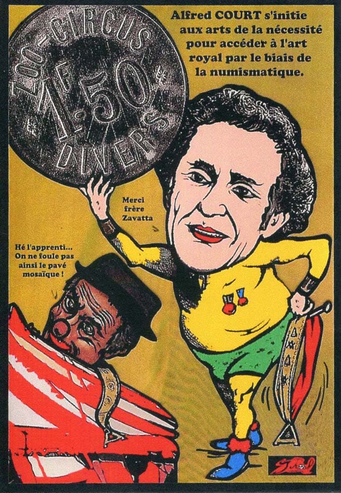 Exemple o1 de carte postale sign�e Jacques Lardie dit Jihel ou JL utilisant le jeton de n�cessit� Zoo Circus comme illustration