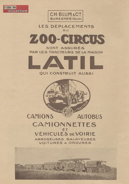 Publicit� Zoo-Circus en 1926 - d�placements assur�s par les tracteurs de la maison Latil