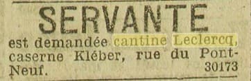 Petite annonce publi�e dans le Grand Echo du Nord de la France par la Cantine Leclercq bas�e dans la Caserne Kl�ber � Lille