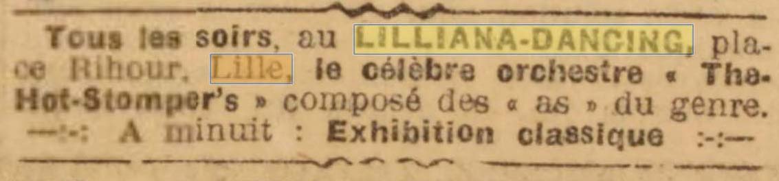 Mention du spectacle donn� au Dancing Lilliana, place Rihour � Lille, dans le Grand Echo du Nord de la France du 12 octobre 1927